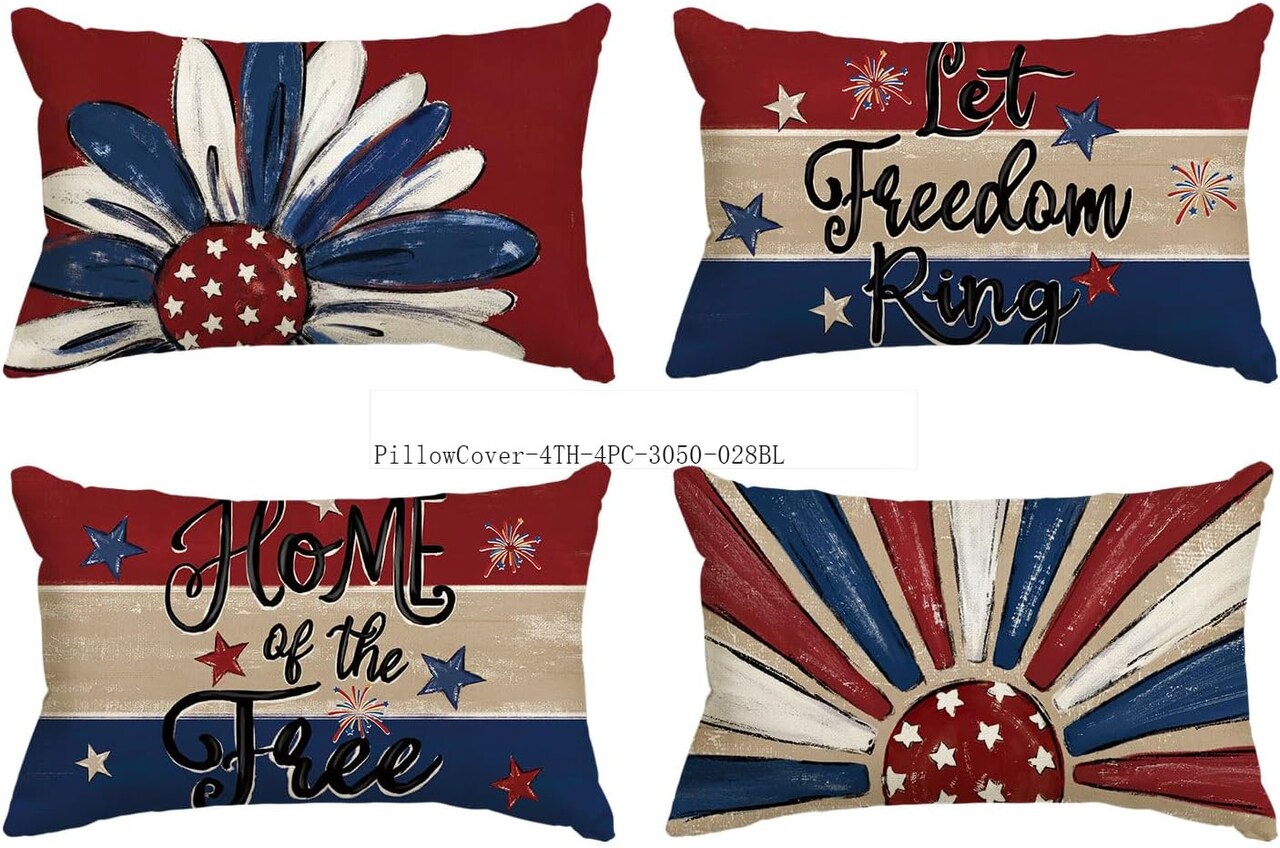 Let Freedom Ring Stars Fireworks Flower Red Throw Pillow Covers, 12 x 20 Inch 4th of July for Sofa Couch Set of 4